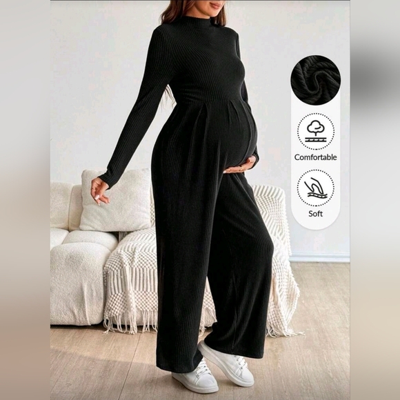 Black Maternity Ribbed Jumpsuit - Picture 3 of 6